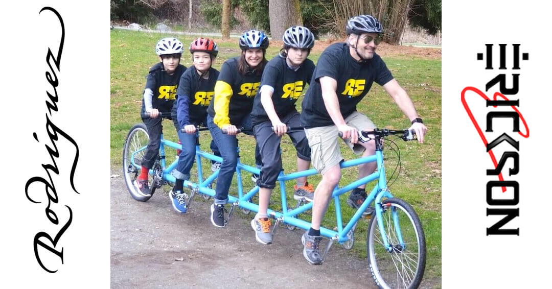 Family of 5 on bicycle built for 5 people